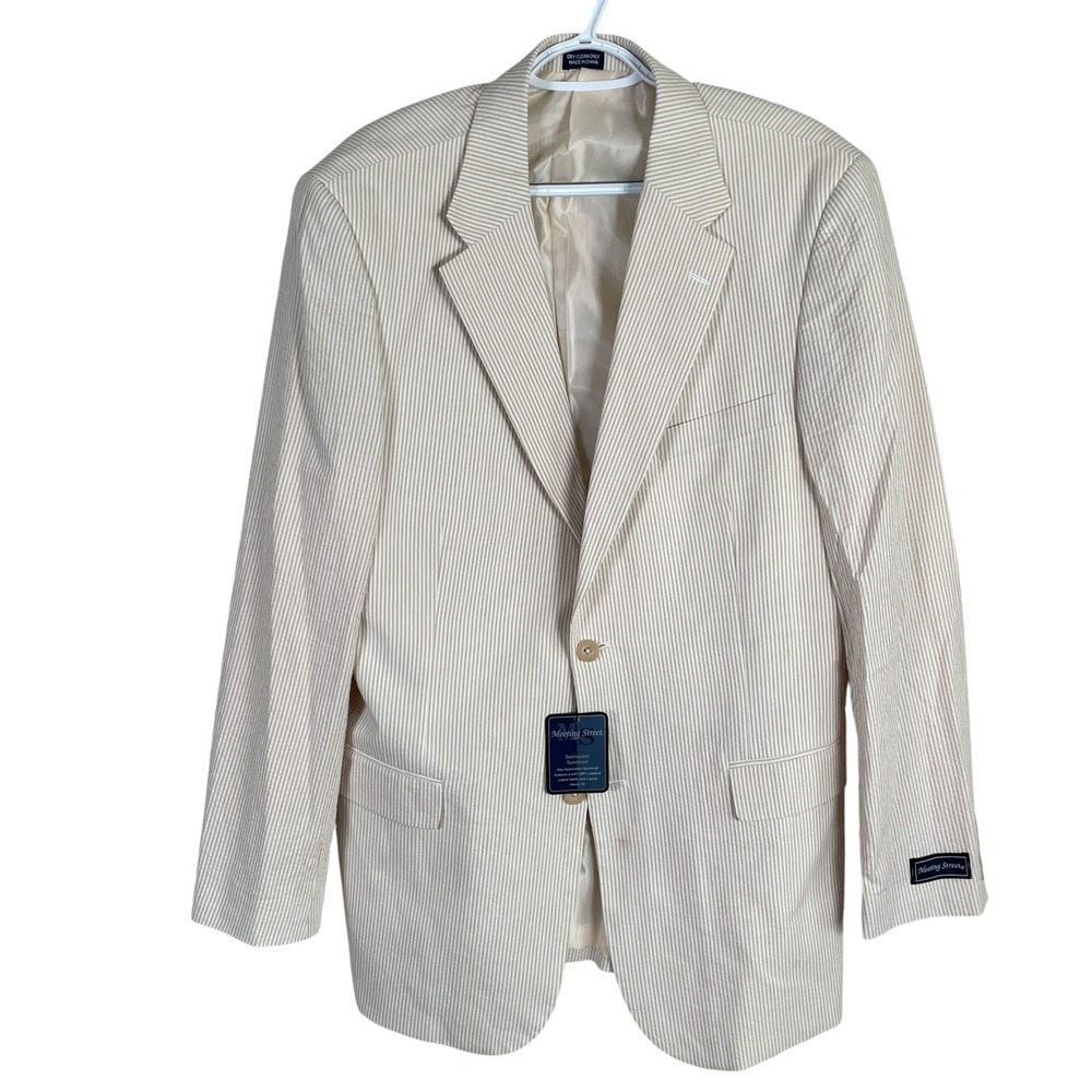 NEW Meeting Street Seersucker Blazer Sport Coat Mens 42‎ Long Tan White Striped